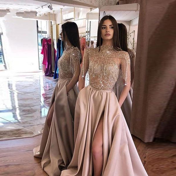 

dubai arabic blush evening dresses high neck beaded tassels side split with pockets beads tassel handmade long formal prom party gown vestag, Black;red