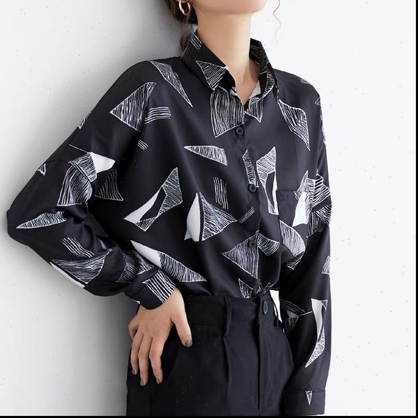 

spring geometric print chiffon womens blouses one pocket loose black casual shirts blusas mujer, White