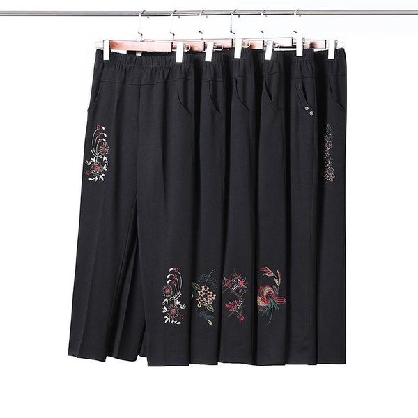 

women's pants & capris plus size 5xl middle-aged elderly women trousers elastic high waist casual embroidery autumn winter straight 238, Black;white