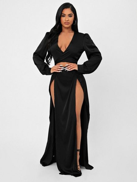 

plunging neck cut out bishop sleeve slit thigh satin dress v2i8#, Black;gray