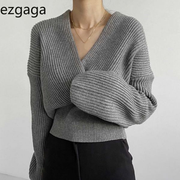 

ezgaga office lady criss-cross v-neck sweater pullover women chic warm solid long sleeve loose ladies knitwear jumper 210430, White;black