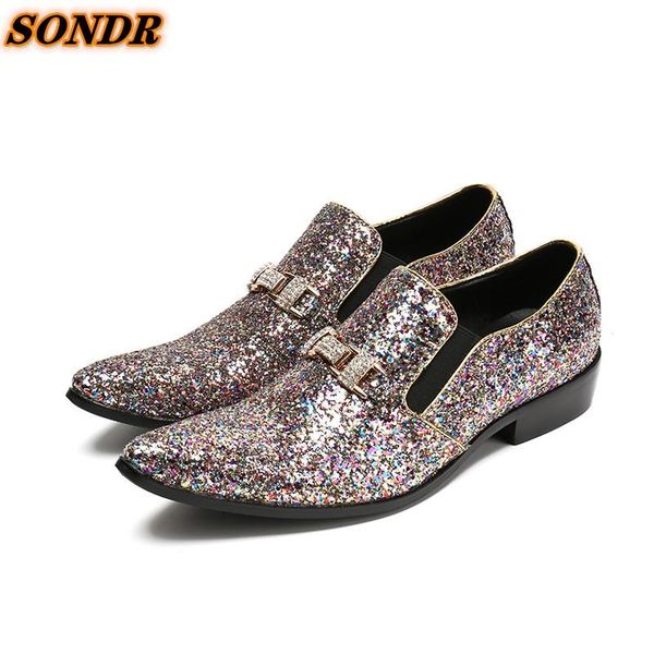 

dress shoes fashion glitter men wedding formal pointed toe genuine leather slip on oxford sapato social masculino, Black