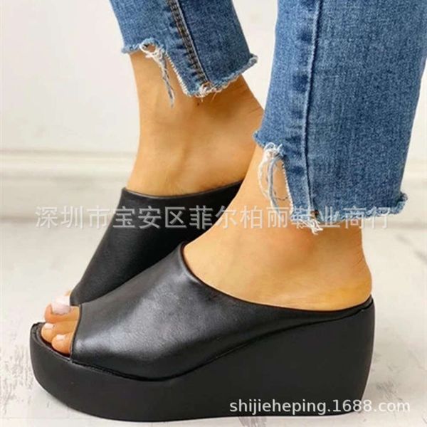 

slope heel sandals women's summer muffin thick soled high heels flat, Black