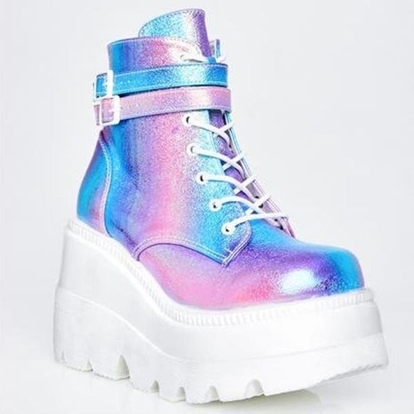 

muffin heel thick soled wholesale casual lace up 43 large leather buckle high heeled boots autumn winter women's ne, Black