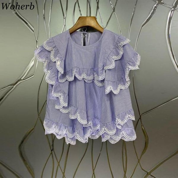 

women's blouses & shirts woherb elegant lace patch striped blouse women korean high street csaual loose ruffle shirt 2021 summer chic b, White