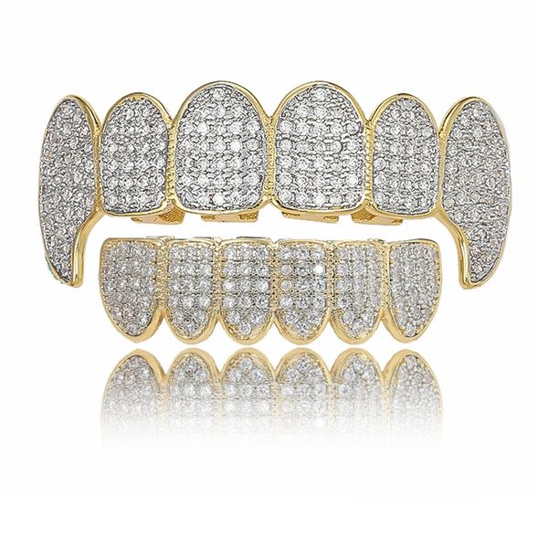 Ouro brilhante ICED OUT Teeth Grillz Rhinestone TopBottom Grills conjunto de joias Hip Hop