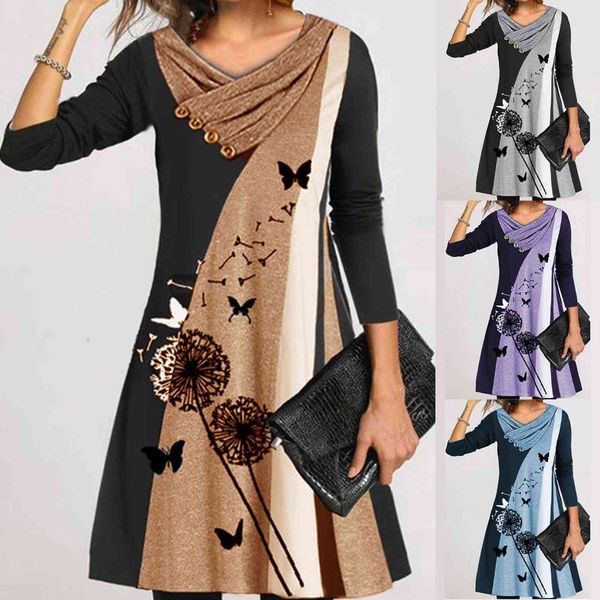 

autumn loose dress 2021 new women's ladies casual plus size print stitching button double-layer collar long-sleeved dress x0521, Black;gray