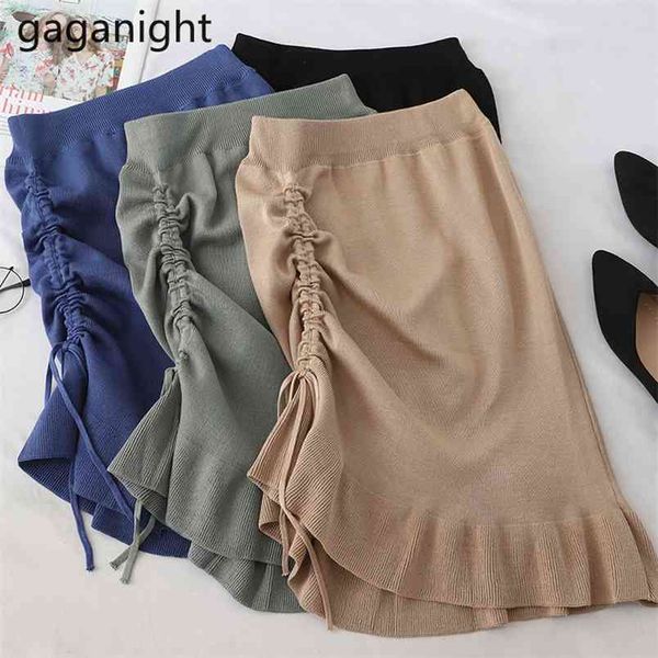 

spring autumn woman knitted skirts irregular ruffles black midi pencil skirt side drawstring high waist office 210601