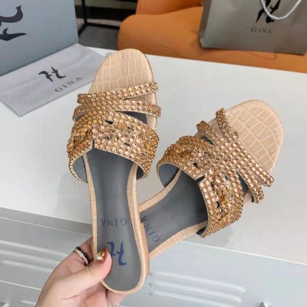 

2021 genuine leather round head flat heel diamond sandals slippers 34-42, Black