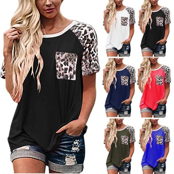 

spring and summer european american women's style round neck leopard stitching short-sleeved t-shirt womenfashion, White