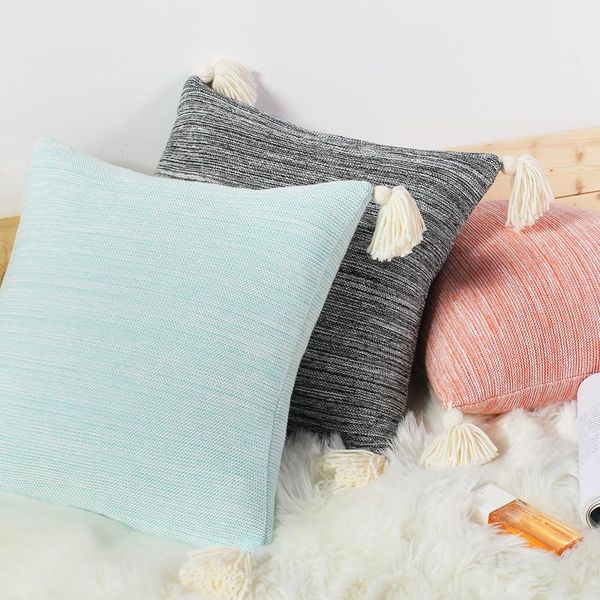 

knit cushion cover vintage pink blue grey solid pillow case with tassles 45cm*45cm soft home decoration for nursery room bed cushion/decorat