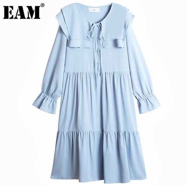 

[eam] women green pleated big size midi dress double layer collar long sleeve loose fit fashion spring autumn 1dd5982 21512, Black;gray