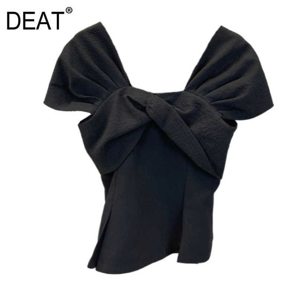 

[deat] women black square collar short sleeve solid color bow tank personality t-shirt spring fashion 13d065 210527, White