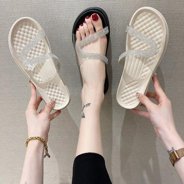 

slippers shoes glitter slides med transparent women fashion platform shale female beach jelly flat 2021 luxury soft slipers, Black