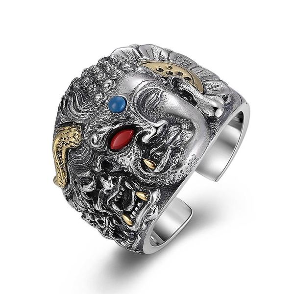 

cluster rings s925 sterling silver ring buddha and demon head men's vintage thai between thoughts, Golden;silver