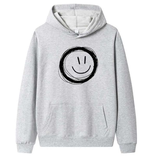 

2021 new men's hooded sweater korean fashion hip hop smiling face printed casual sweater, Black