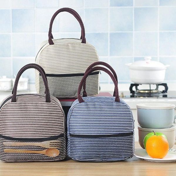 

storage bags portable stripe lunch bag thermal canvas food container tote handbag working travel picnic for women kids 2021