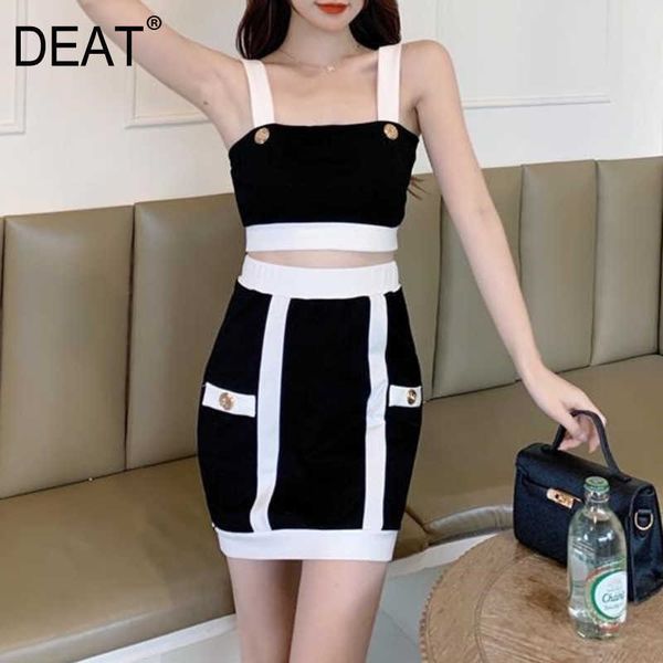 

[deat] summer fashion square collar sleeveless splicing high waist skirts women two-piece suit 13q422 210527, White
