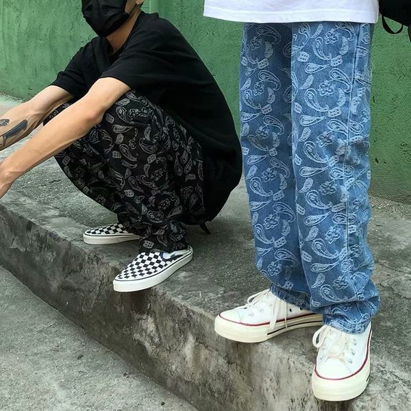 

men's pants ins street hip hop full print embroidered cashew jeans loose straight tube daddy and women's fashion, Black