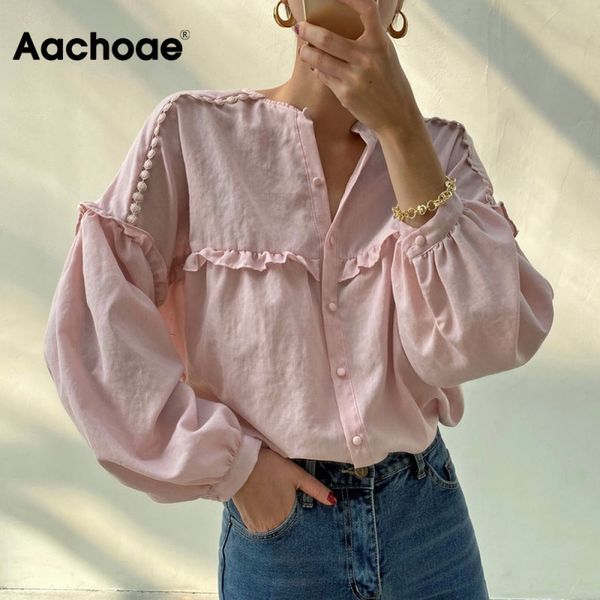

aachoae solid vintage blouse shirt women batwing sleeve loose shirt stylish chic ruffles ladies autumn spring blusas mujer 210413, White