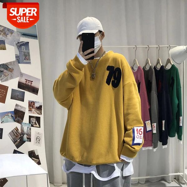 

2020 men's fake two-piece round collar coats loose cotton clothes pullover casual hoodies long sleeve 5 color sweatshirts s-2xl #xu3z, Black