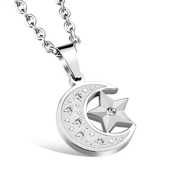 

pendant necklaces simple fashion star moon necklace cubic zirconia stainless steel for men women hip hop punk party jewelry gift, Silver