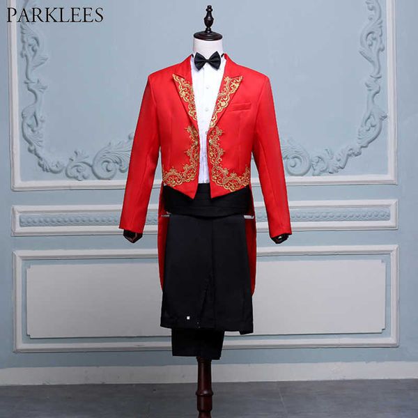 Mens Gold Embroidery 4 pezzi Red Tuxedo Suit (Jacket + Pants + Blet + Tie) Brand Conductor Magician Pianist Prom Tailcoat Suit Men Terno X0909