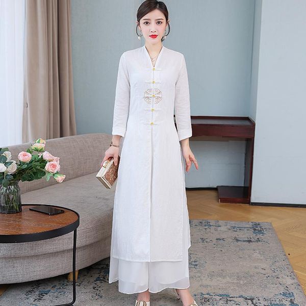 

casual dresses women dress autumn 2021 office lady national wind cheongsam vintage long sleeve solid slash neck single breasted, Black;gray
