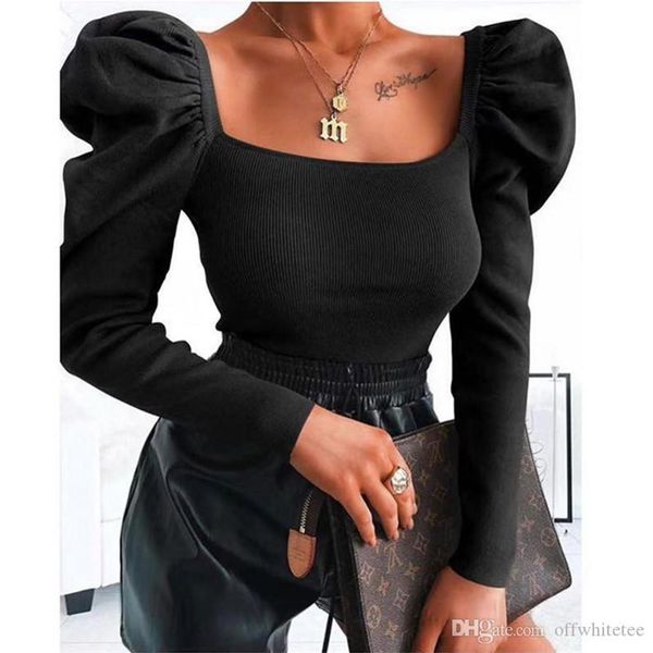 

Vintage Style Womens Designer Tshirts Slim Sexy Long Puff Sleeved Square Neck Pullover Thin Short Tshirts Fashion Womens Tshirts, Orange