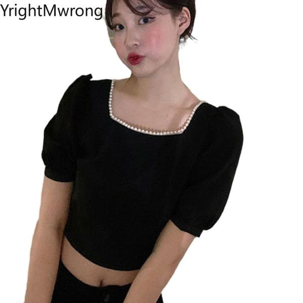 

short sleeve pearls square neck black t-shirt women crop t shirt cute aesthetic bandage tee korean lolita hollow back women's, White