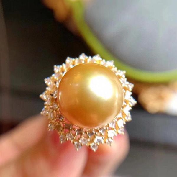 

cluster rings d305 fine jewelry 925 sterling silver 13-12mm natural fresh water golden pearls for women, Golden;silver