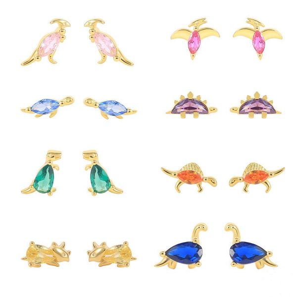 

stud 925 sterling silver trend colored zircon dinosaur earring small lovely animal gold plated for women gift jewel, Golden;silver