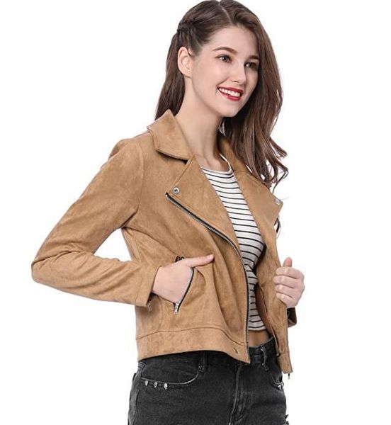 

women's trench coats ladies zipper suede short long sleeve lapel coat, Tan;black
