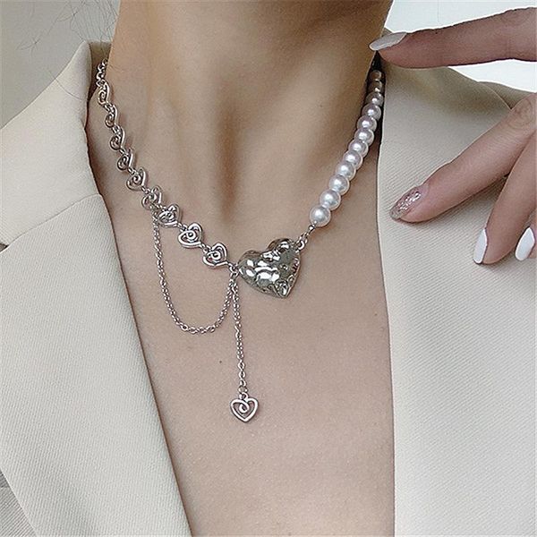 

chains cool girl choker lava heart pearl metal splicing necklaces for women temperament design clavicle chain sweet asymmetric necklace, Silver