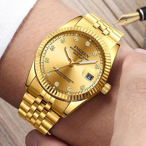 wristwatches fngeen watch men fashion business rhinestone male clock men's quartz gold watches waterproof date wrist, Slivery;brown