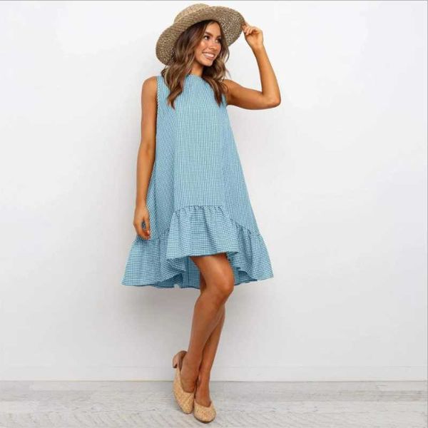 

casual summer boho dress plaid o-neck off shoulder sleeveless sundress loose plus size ruffle women beach style dresses, Black;gray