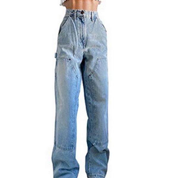 

women's jeans casual solid color hip hop stitching fashion autumn high waist button pocket denim straight-leg pants, Blue