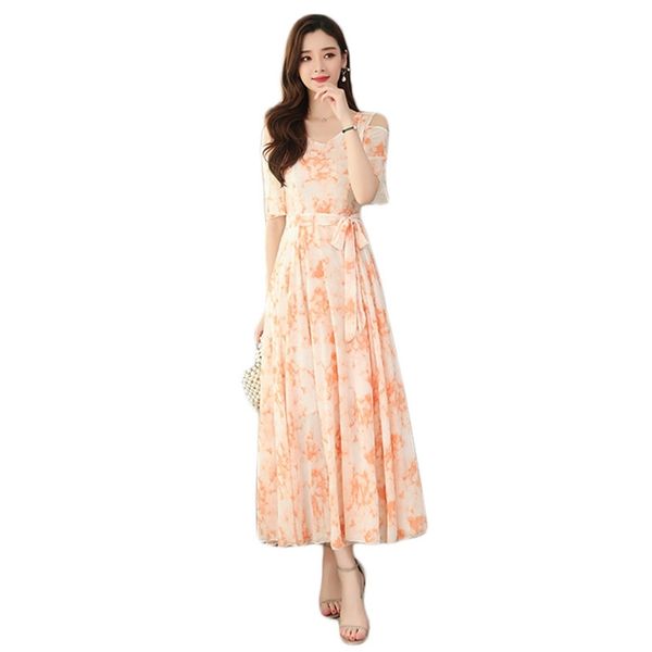 Abito estivo Donne Donne arancione Stampa rosa arancione Plussure a manica corta Wat Regolable Waist spalla nuda Chiffon Super Fairy Dresses LR812 210531