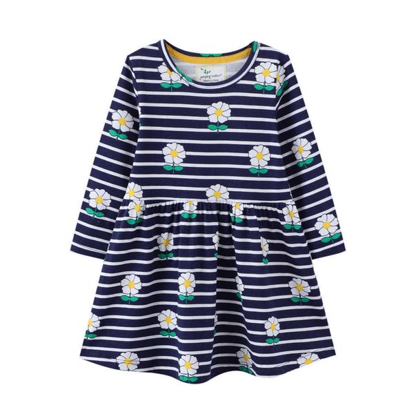 Strisce nuovo arrivo principessa fiore ricamo ragazze abiti in cotone manica lunga moda bambini abiti da festa vestito per bambini Q0716