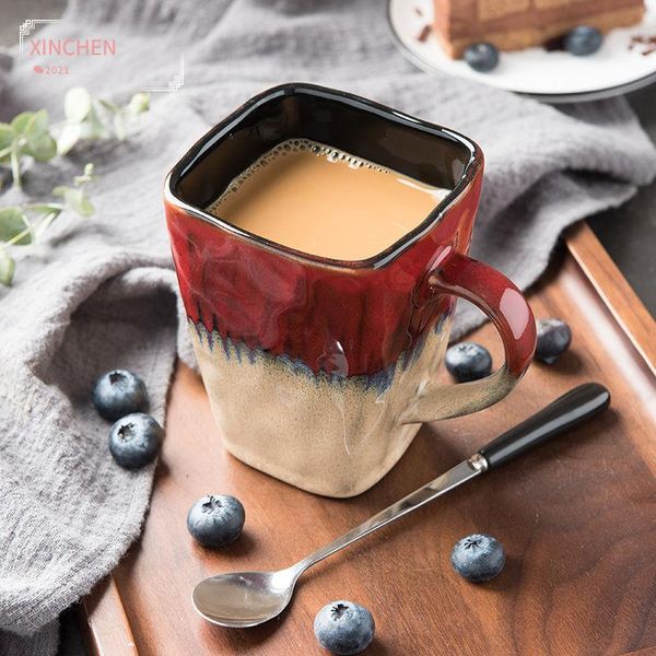 

mugs creative flow glaze square coffee mug with spoon and lid retro tea cup simple household matte color ceramic milk water gift