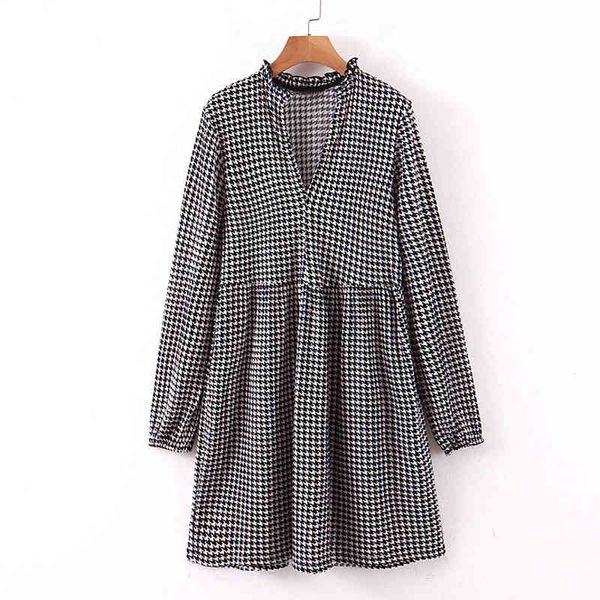 V Pescoço Vestidos Espessos Mulheres Moda Houndstooth Impresso Dress Mulheres Elegante Loose Manga Longa Mini Vestidos 210520