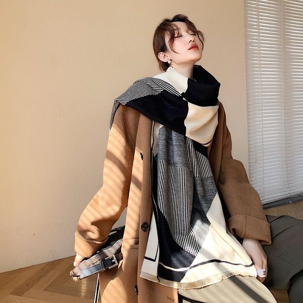 

scarves 2021 brand thick cashmere women scarf winter warm pashmina lady shawls wraps striped print blanket female, Blue;gray