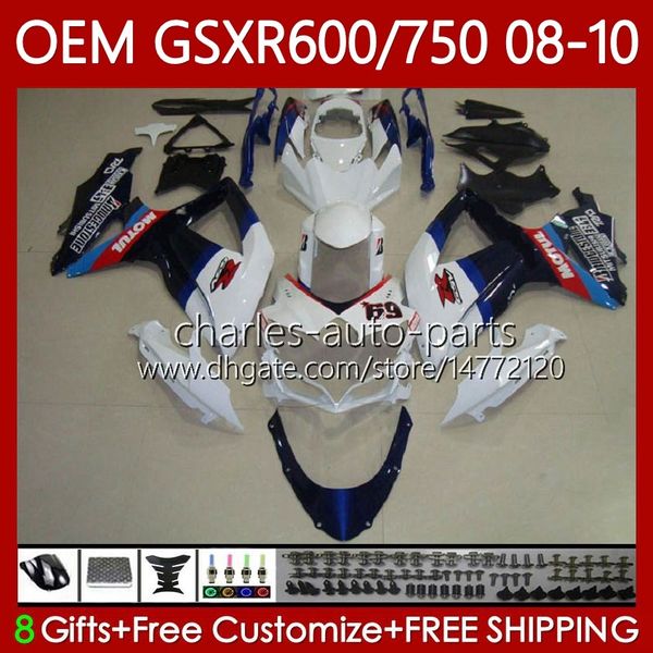 Corpo de molde de injeção para suzuki gsxr 600 750 cc k8 600cc 750cc 2009 2009 2010 88NO.103 gsxr-750 gsxr600 gsx-r600 branco azul gsx-r750 gsxr-600 gsxr750 08 09 10 Fairing do OEM