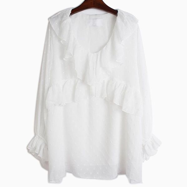 

women's blouses & shirts women black ruffles chiffob big size long blouse v-neck sleeve loose fit shirt fashion spring autumn 2021 c956, White