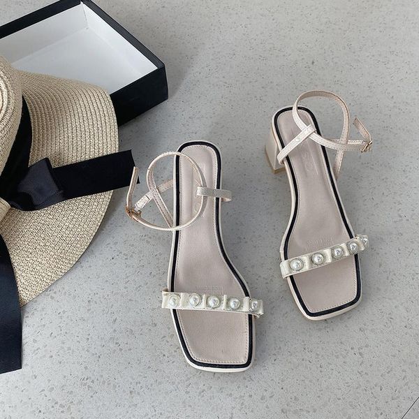 

sandals sandal women's summer 2021 web celebrity ins chic chunky heels with a pearl fairy style one-line strappy, Black