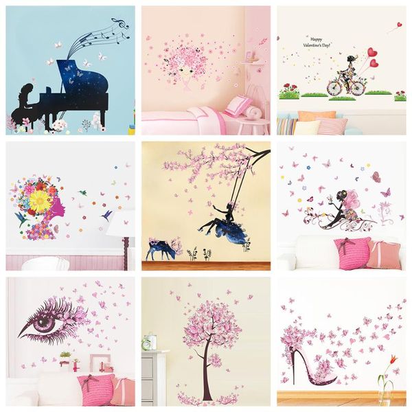 

romantic flower fairy eye butterfly wall stickers for girls bedroom home decoration diy kids room bicycle piano art decals