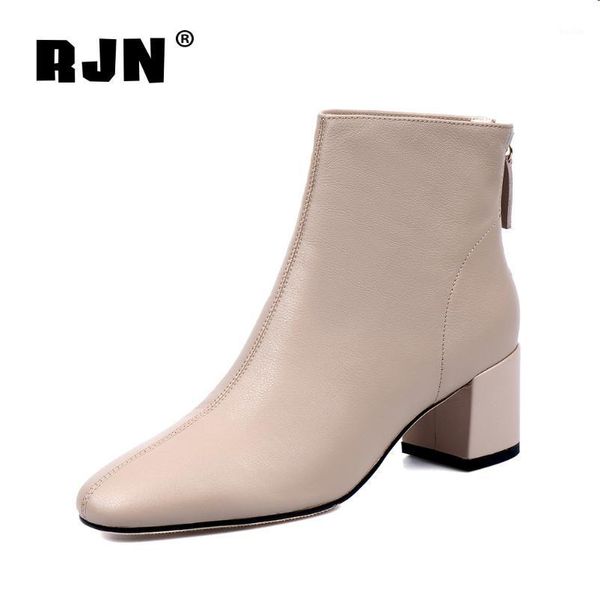 

boots rjn autumn fashion ankle elegant square toe genuine leather women shoes mid heel office lady ro1461, Black