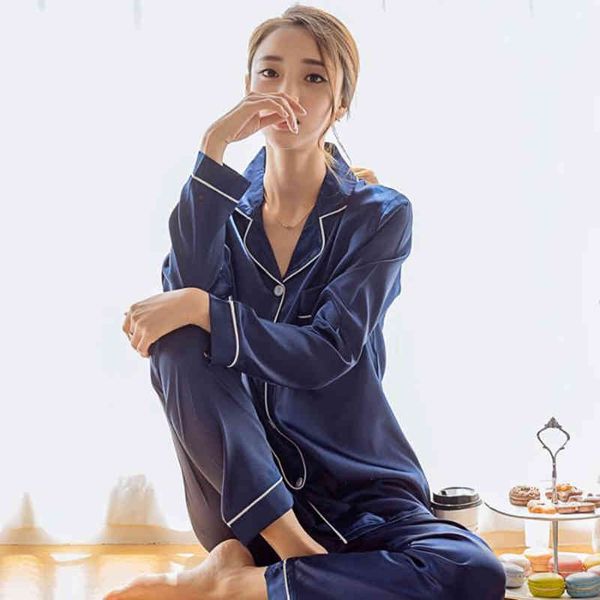 Kadınlar Pijama Set Pijama Kış Uzun Kollu Mujer Pijamas Nuisette Seksi Lingerie Gecelikler Ipek Saten Pijama PJS Suit 2 adet X0526