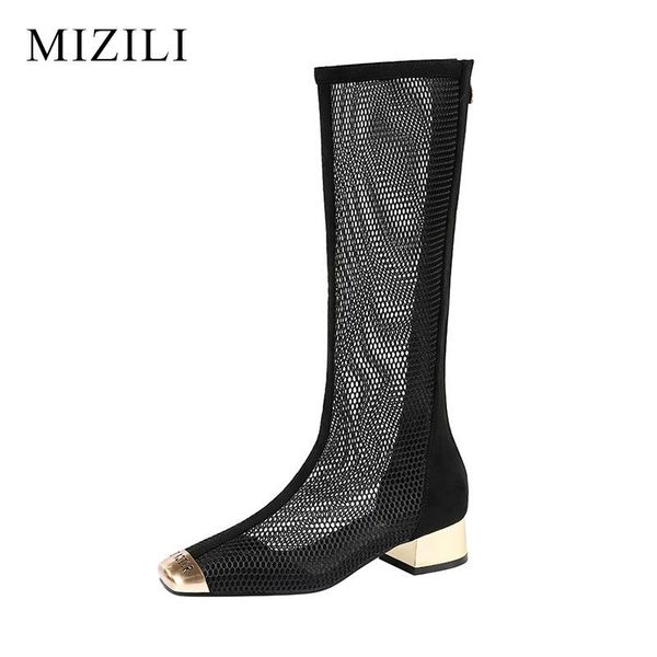 

boots women high heel shoes mesh breathable zip pointed toe thick heels fashion female dress elegant footwear, Black