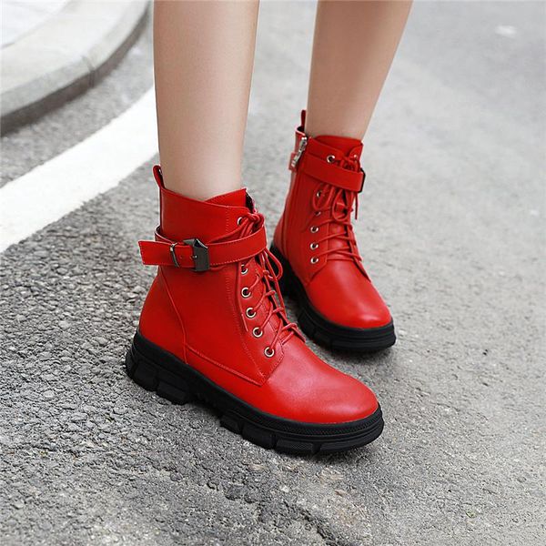 

boots ymechic autumn 2021 womens military combat buckle strap street lace up chunky heel black ladies shoes biker ankle